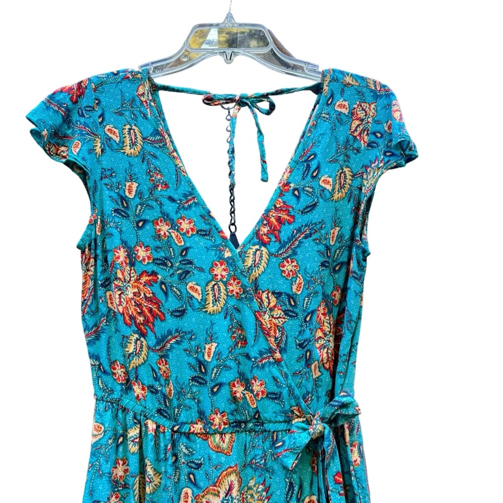 Band Of The Free Maxi Dress Blue Floral Double V Neck Faux Wrap Pockets Size M - Picture 3 of 11